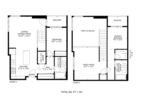 Floor plan for 2 beds, 2 baths, 1161 sqft